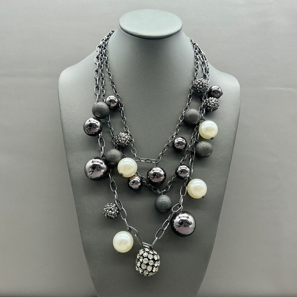New York & Company Necklace Gunmetal Layered Faux Pearl Rhinestoneโ 22-24"